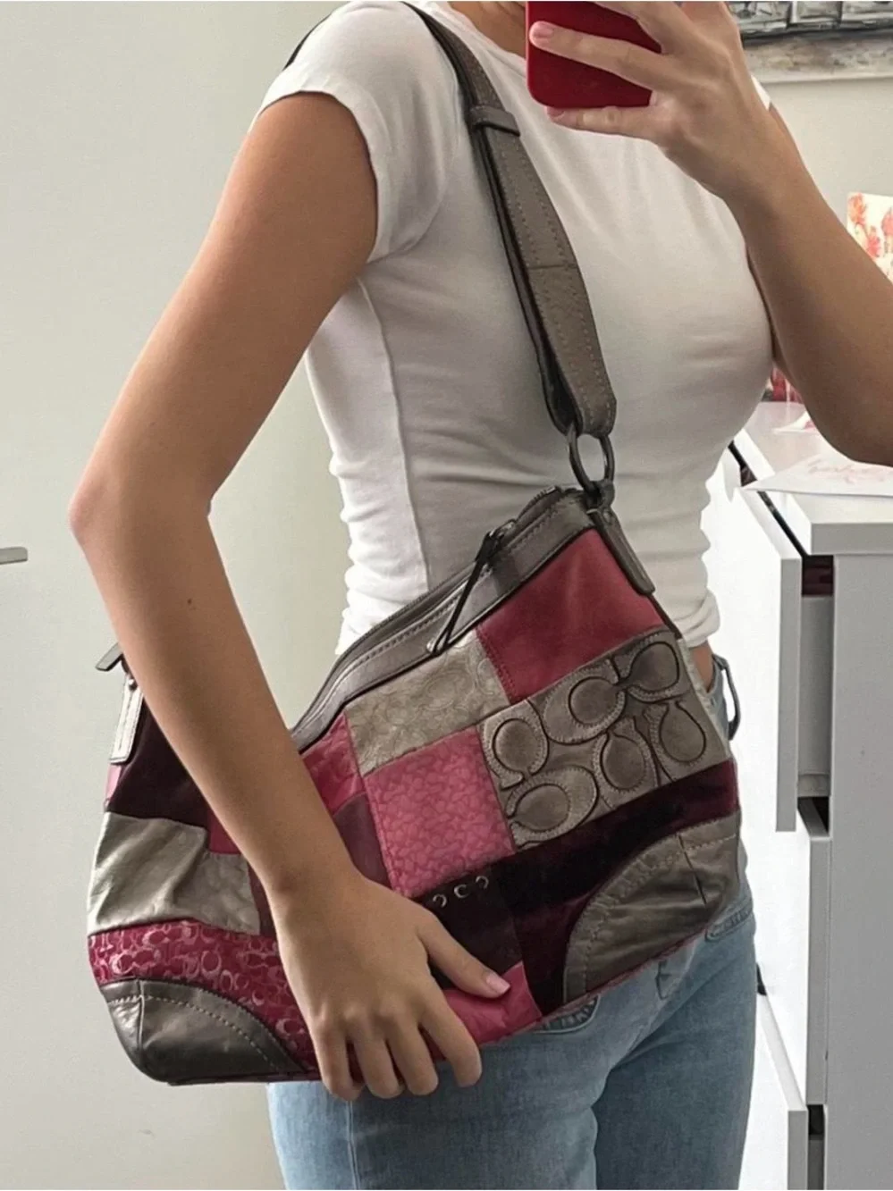 Coach Patchwork Leather Shoulder Bag - Pink, Magenta, Gray, Burgundy